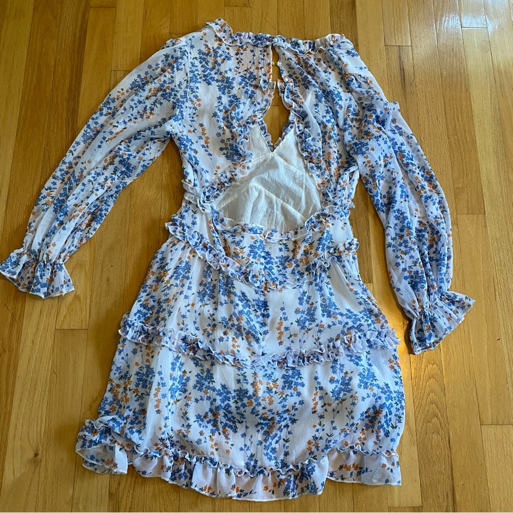 Blue, Orange, and White Floral Long Sleeve Dress Medium - Picture 3 of 5